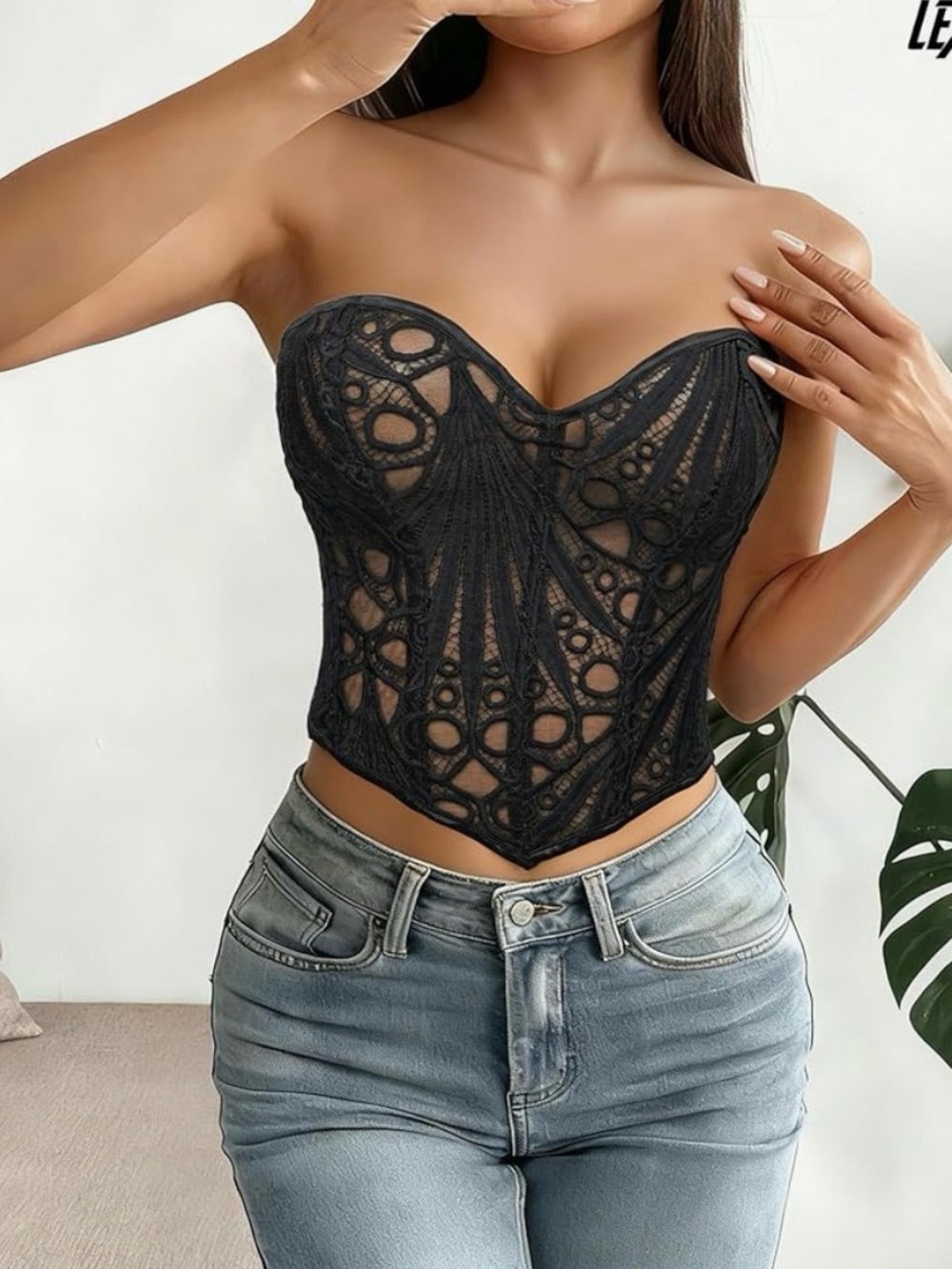 New! Black Sexy Sheer Lace Corset Top